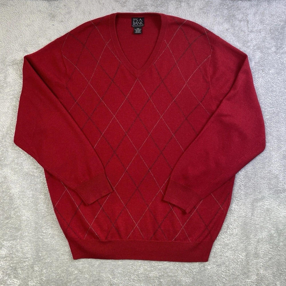 Jos A Bank‎ Executive Sweater Men Red XXL V-Neck Lambs Wool Argyle Pullover Golf